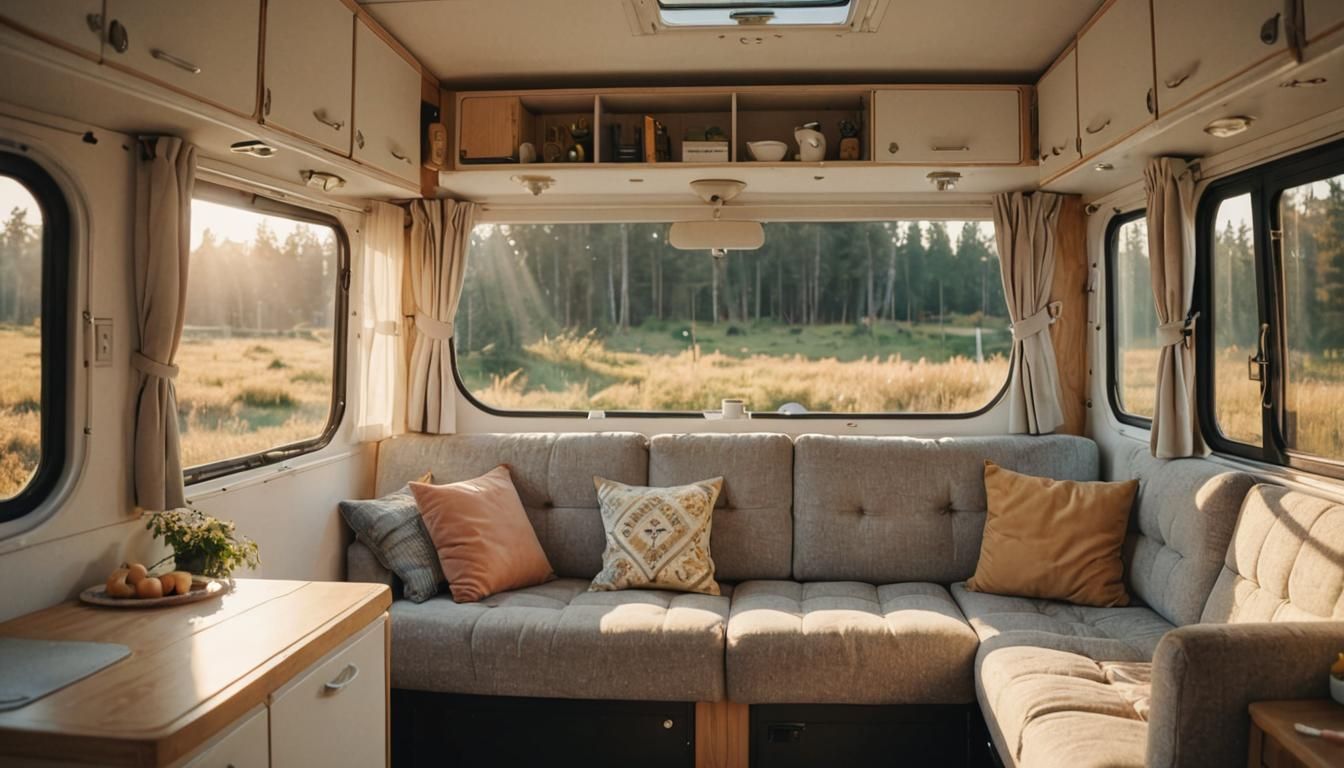 Sunlit Camper Interior with Cozy Sofa