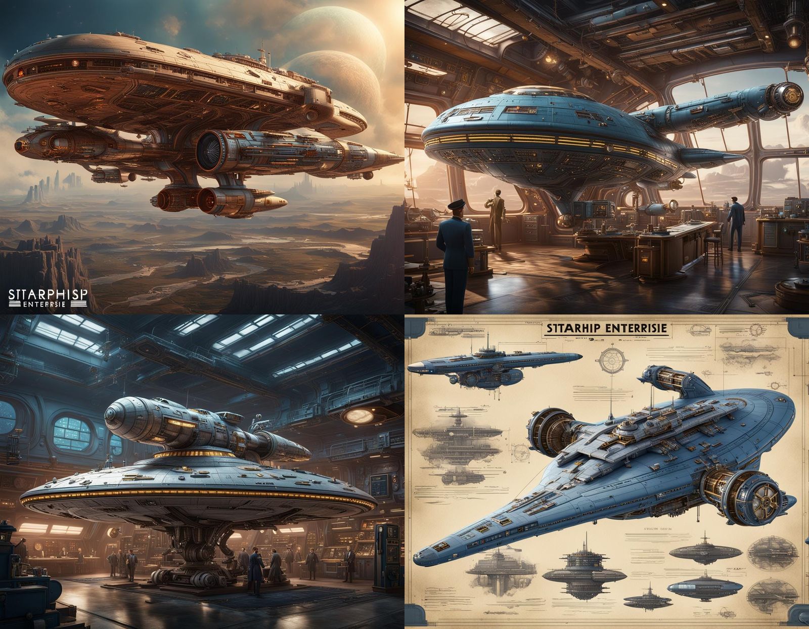 Steampunk Starship Enterprise Blueprint in Retro Style