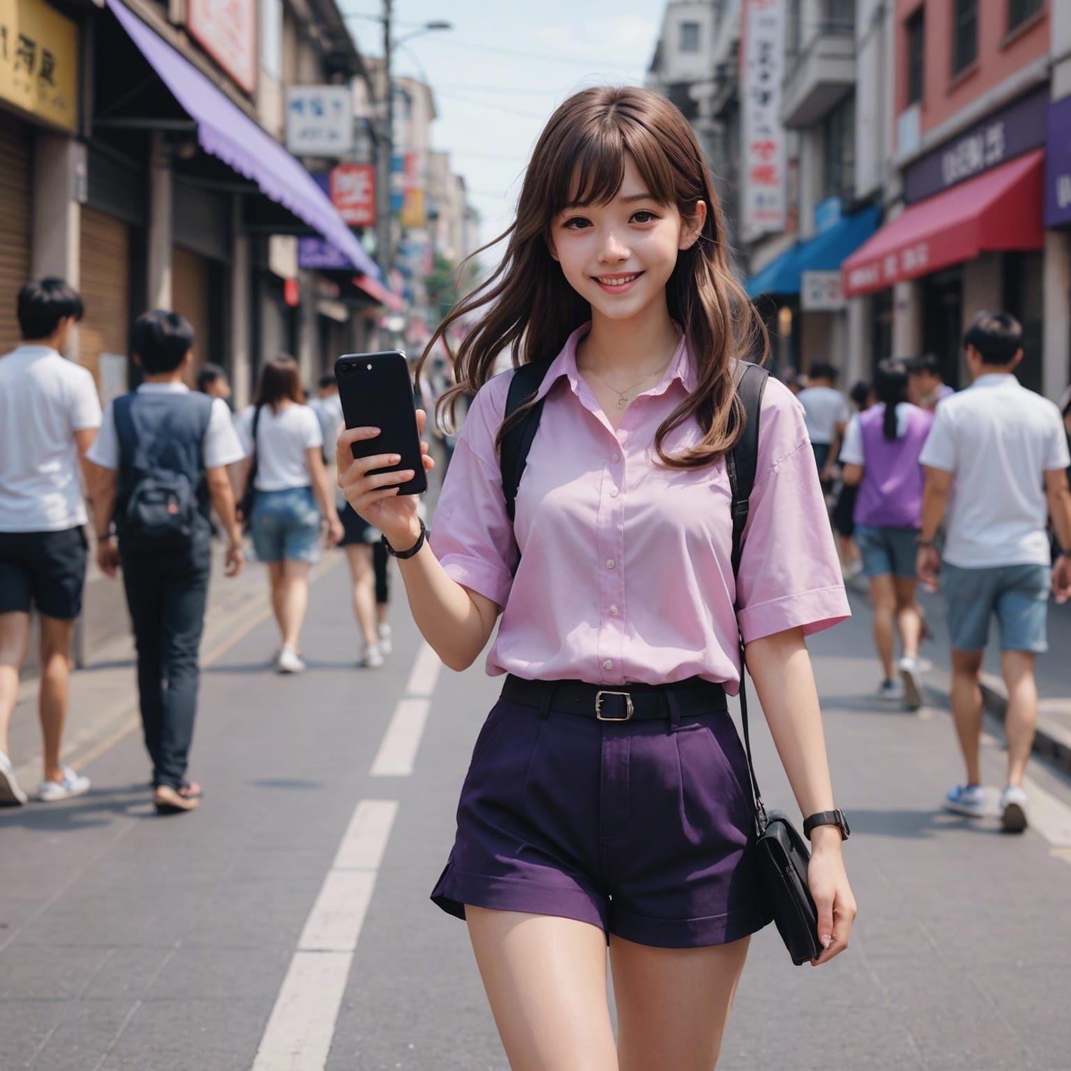 Girl Walking on Street in Anime Style