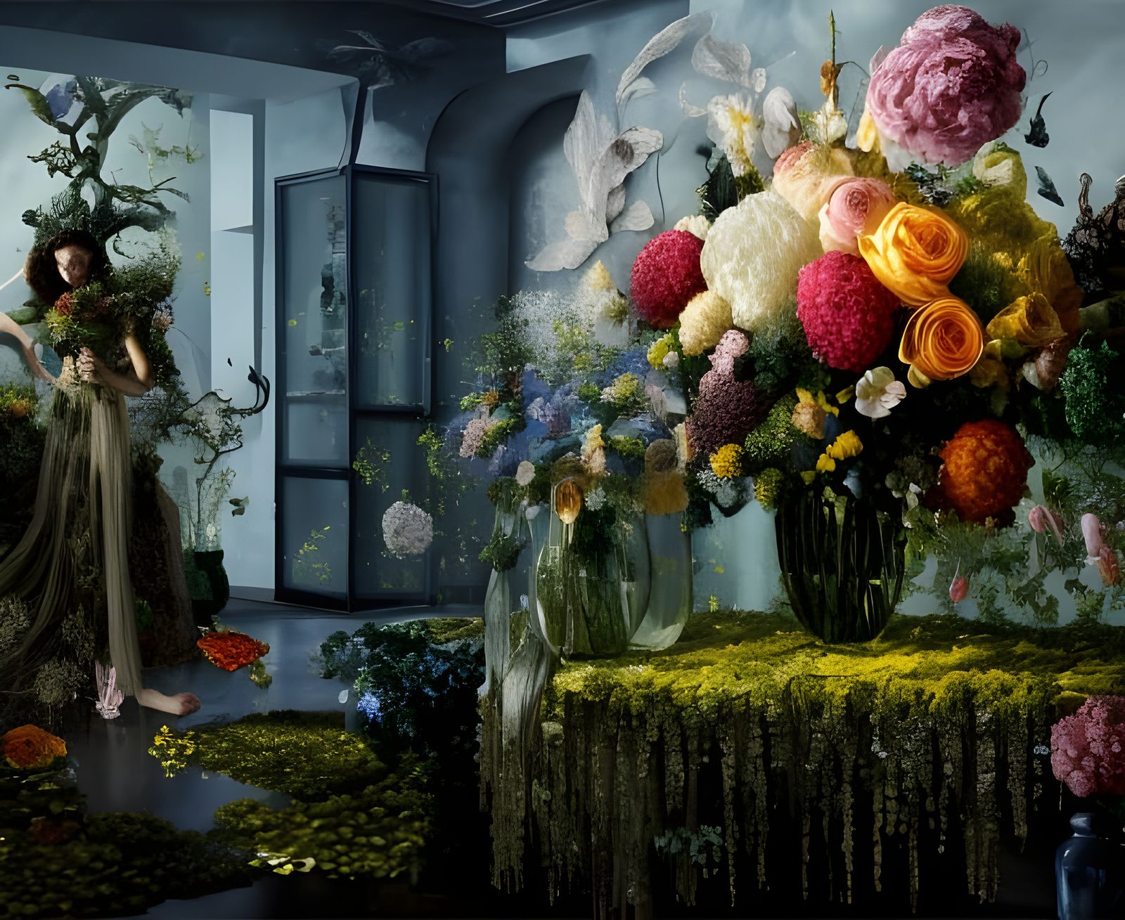 Intricate Flower Bouquet in Glass Vase Digital Painting