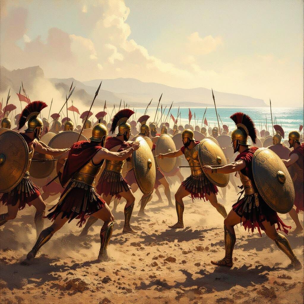 Ancient Greek Soldiers Clash in Dramatic Oil Painting Style