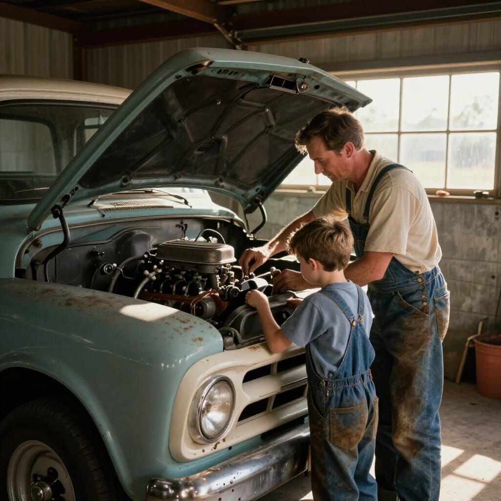 Father and Son Repairing Vintage Truck in Garage
