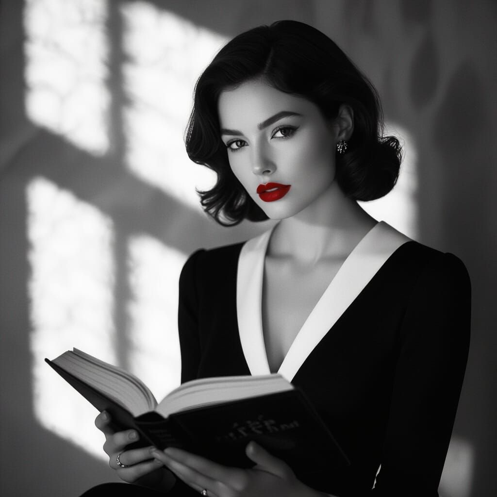 Woman Reading Book in Black and White Outfit