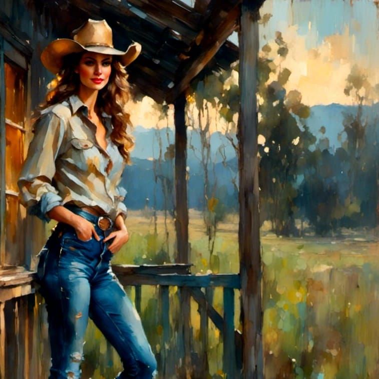 Moonlit Woman on Ranch Porch: Impressionistic Oil Painting