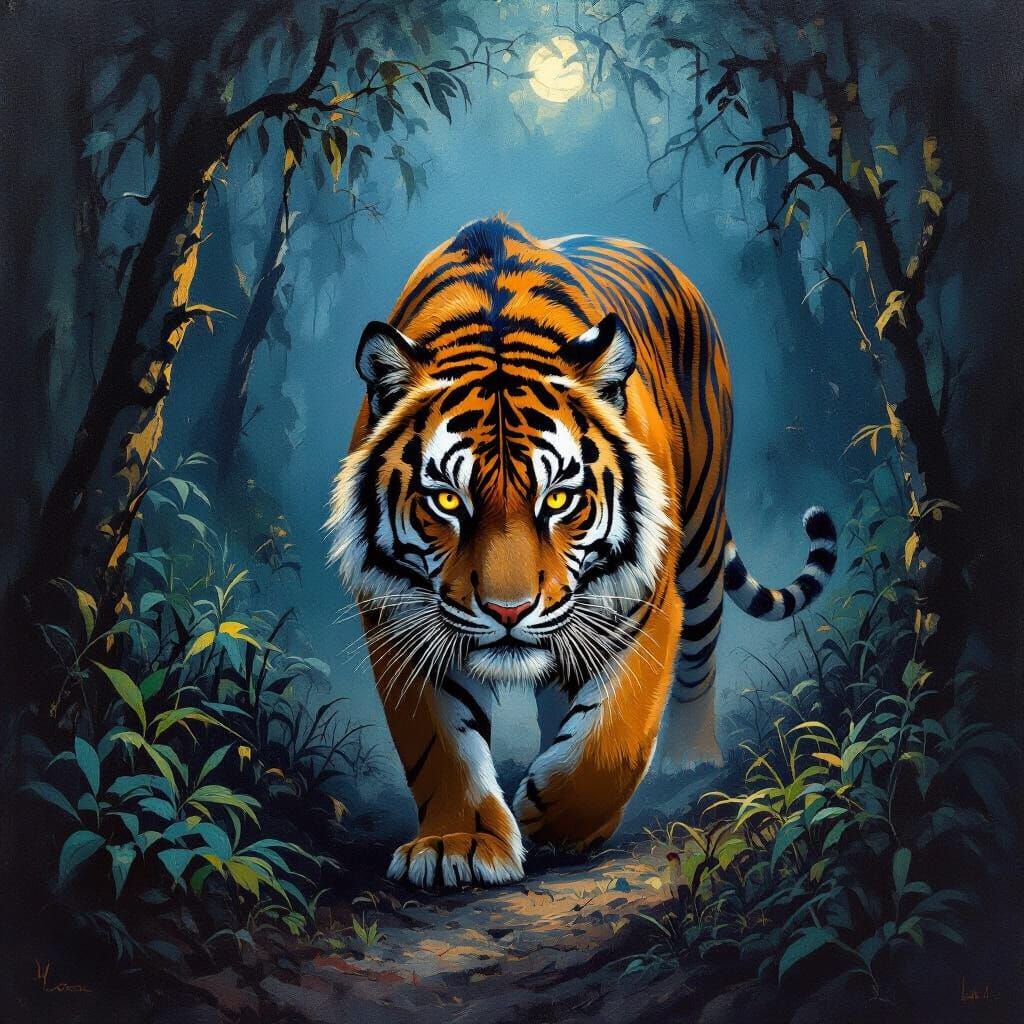 Majestic Tiger in Fiery Forest: Oil Painting Style