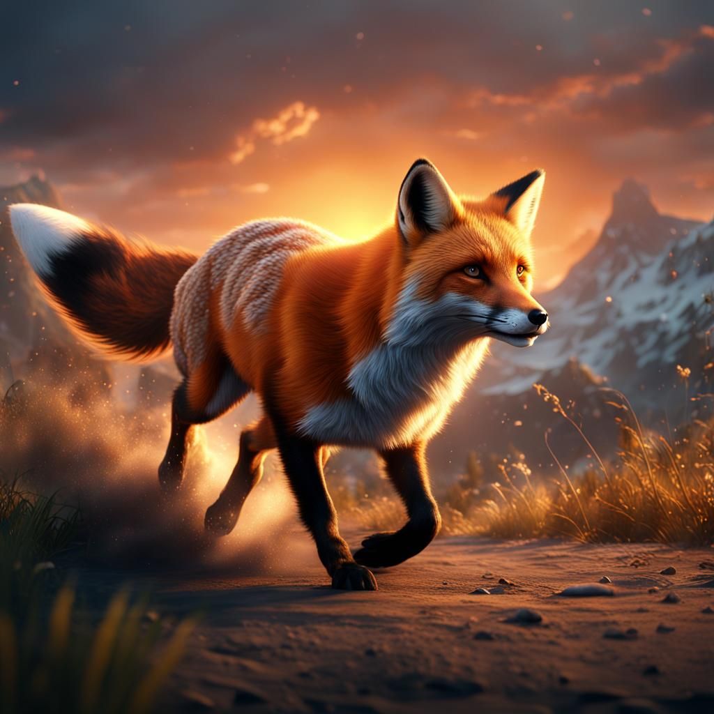 Realistic Fox Running Towards Sunset in Detailed Painting