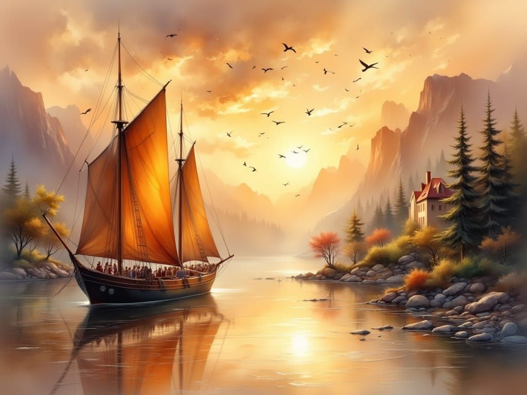 Golden Hour Sailing Vessel: A Digital Painting