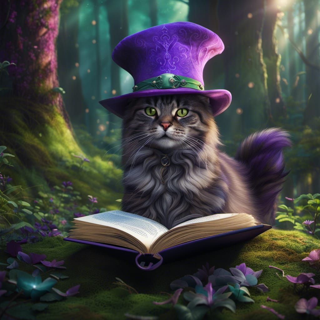 Magic Cat in Forest with Magic Book