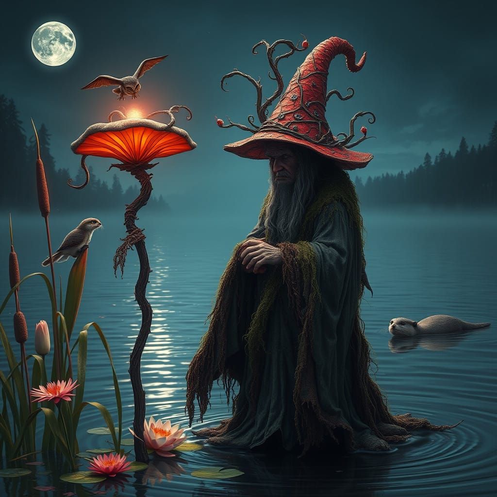 Enigmatic Witch Surrounded by Whimsical Creatures in Moonlit...