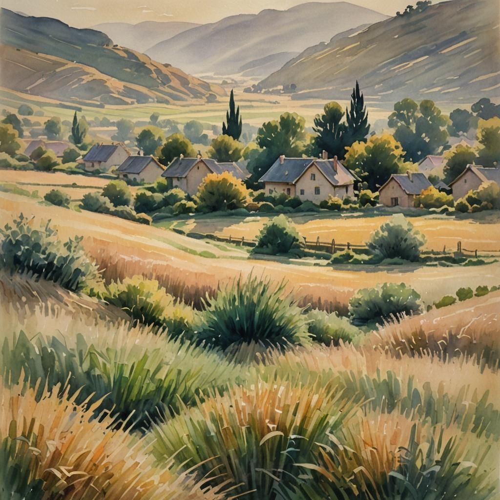 Impressionist Village Landscape in Golden Light