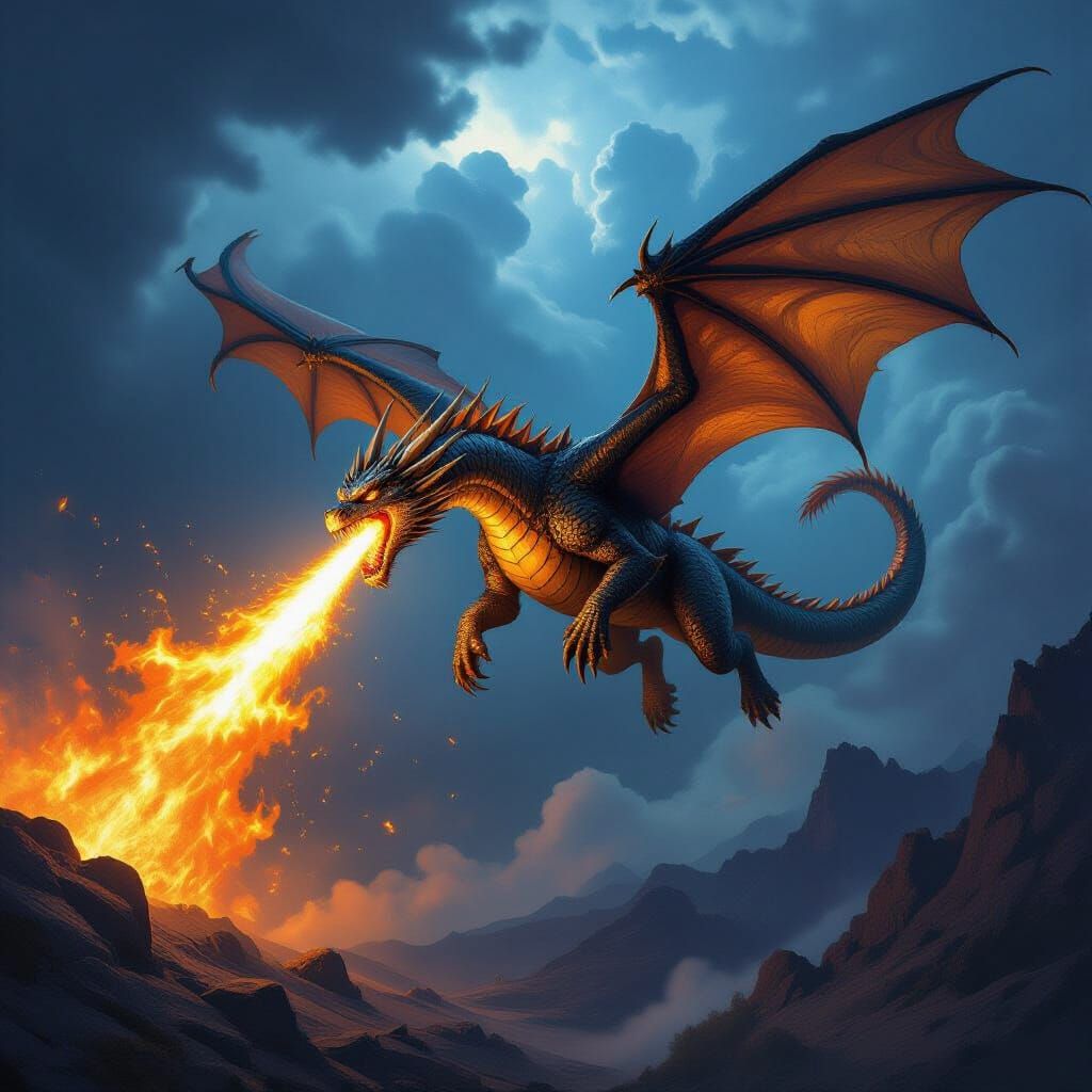 Bronze Dragon Soaring Above Stormy Mountains