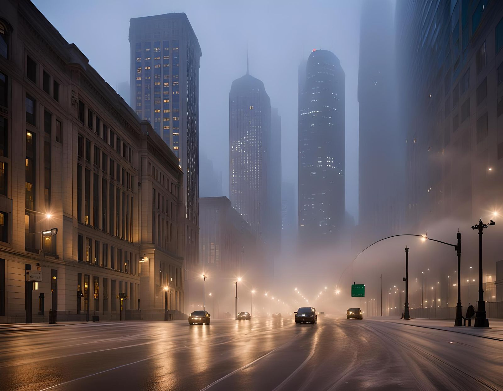 Chicago's Upper Wacker Drive in Misty Twilight