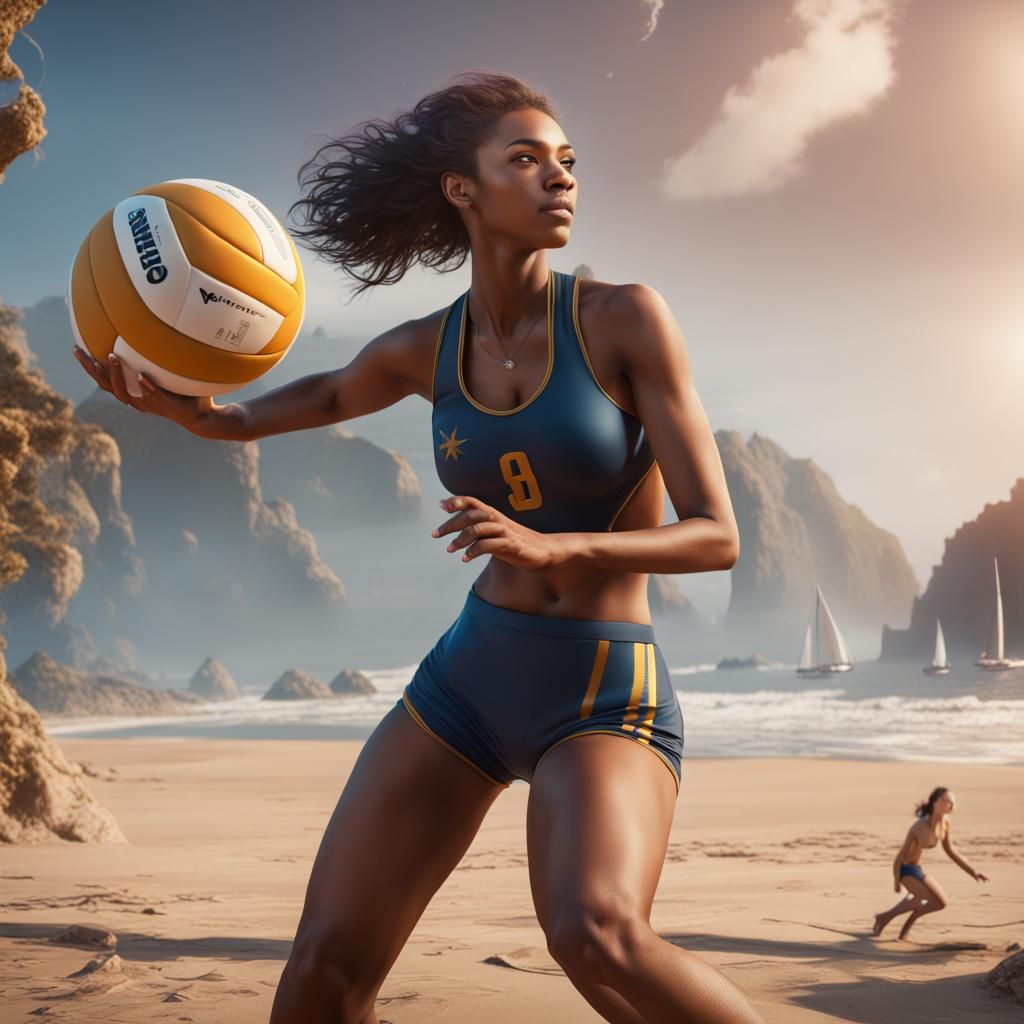Girl Playing Volleyball on Beach: Fantasy Concept Art