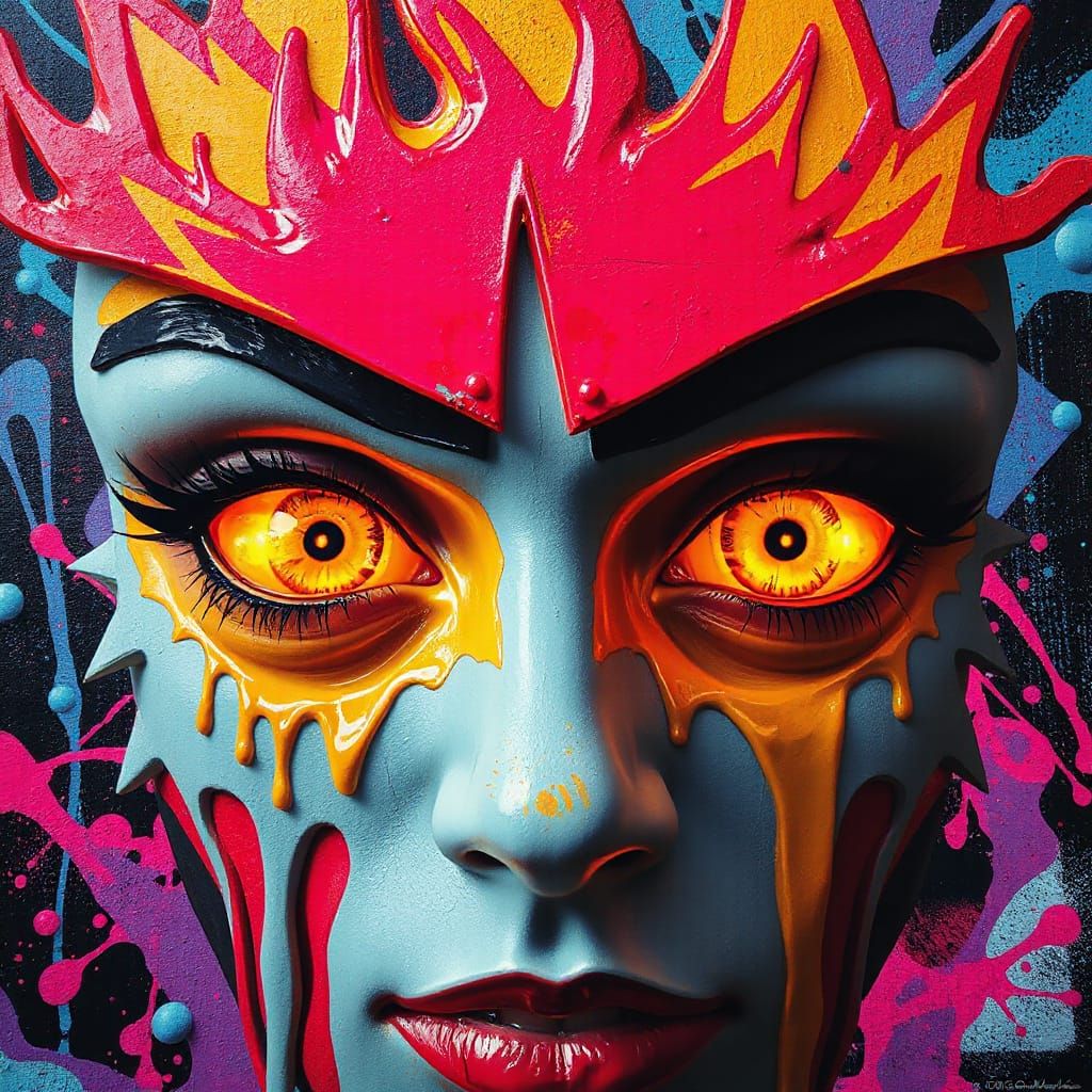 Fiery Eyes Amidst Melting Graffiti Art