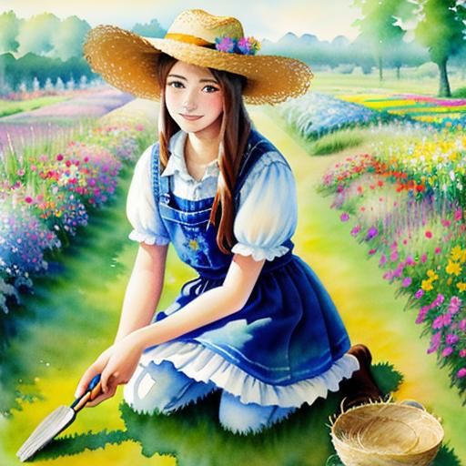 Impressionistic Girl Gardening in Watercolor Style