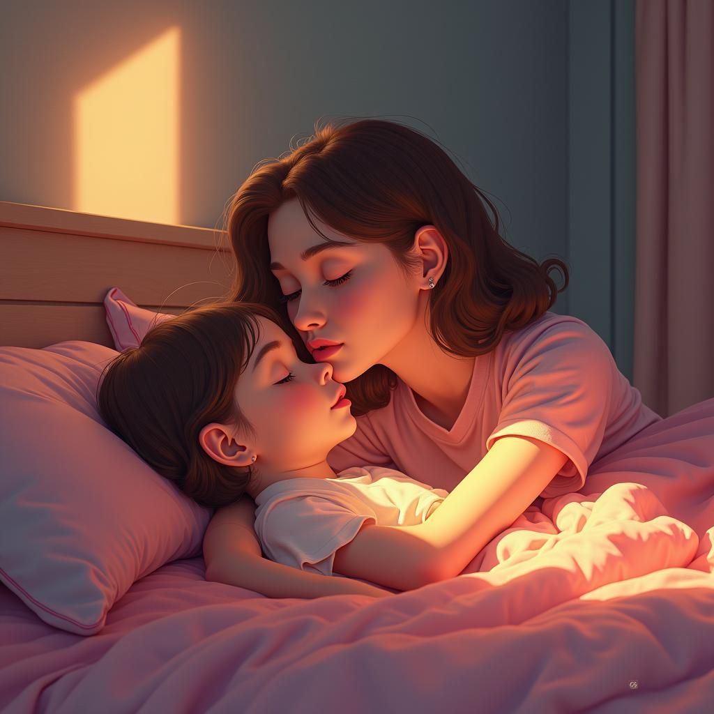 Tender Kiss in Pink Bedroom: Concept Art Illustration