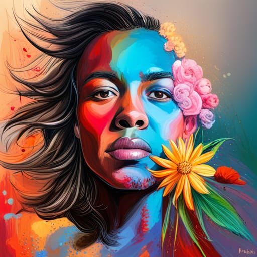 Hyperrealistic Floral Painting with Text and Vivid Colors