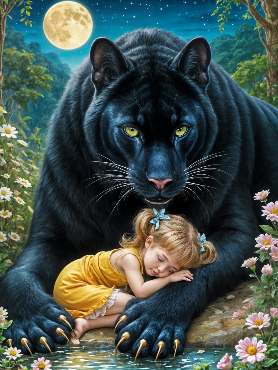 Black Panther Guarding Sleeping Girl, Vintage Fantasy Art