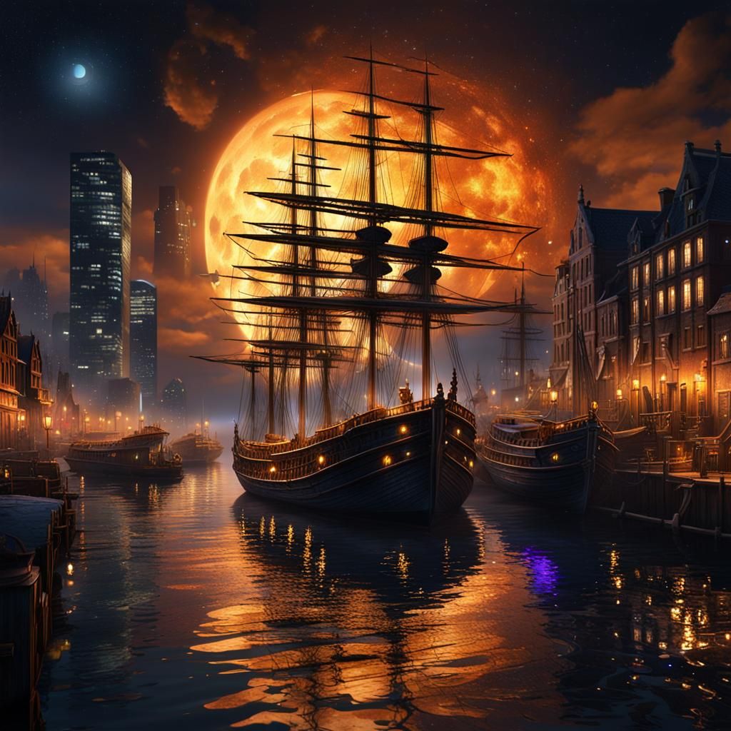 Rotterdam Harbor at Night: Fantasy Concept Art