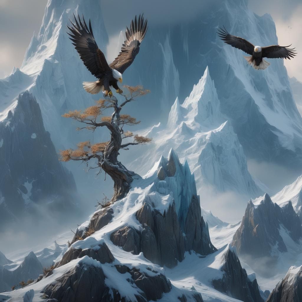 Icy Mountain Landscape with Eagles: Detailed Matte Painting