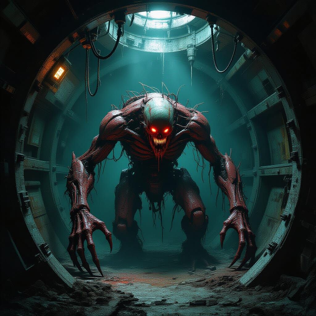 Biopunk Horror: Bio-Mechanical Abomination in Mega-City Lab