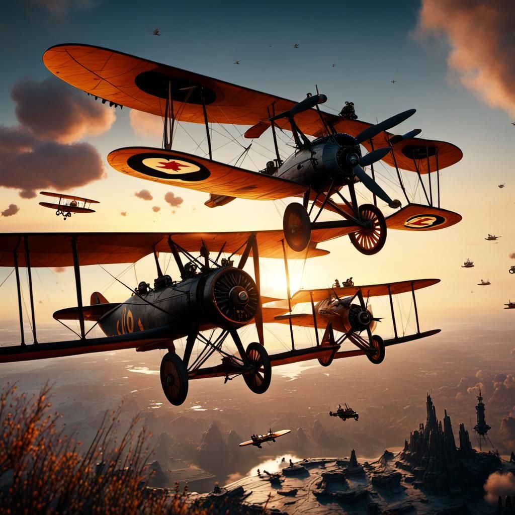 WWI Biplanes Fly into Sunset: Matte Painting