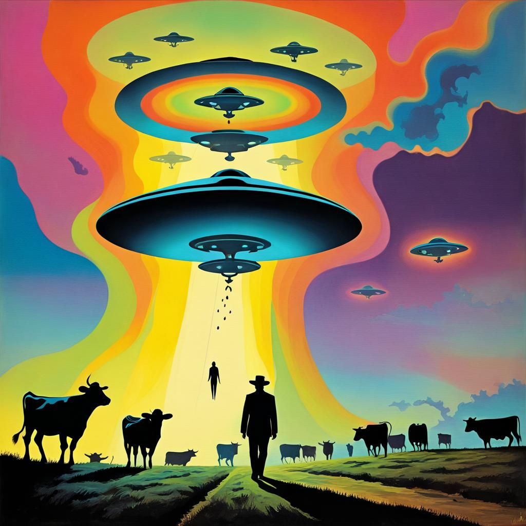 UFO Abduction: Psychedelic Silhouette in Surreal Style