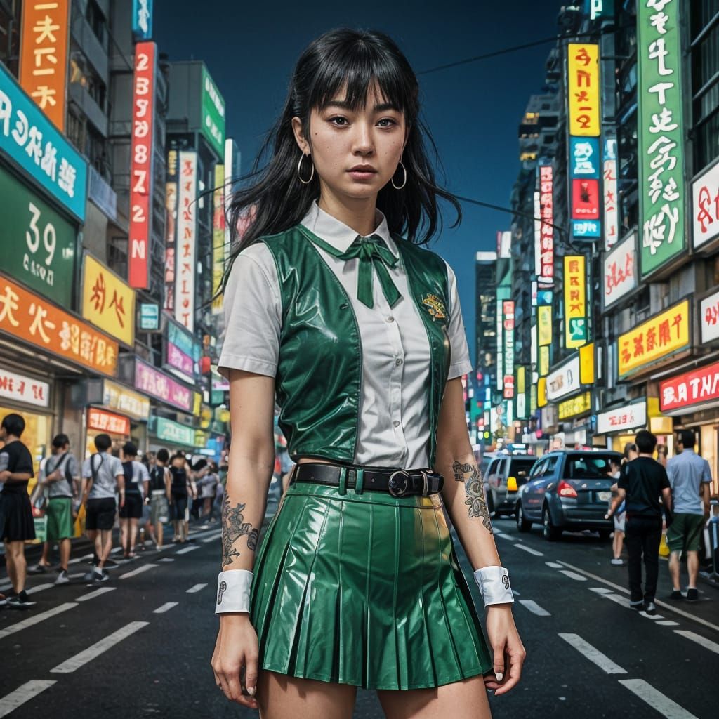 Tokyo Schoolgirl in Cyberpunk Attire