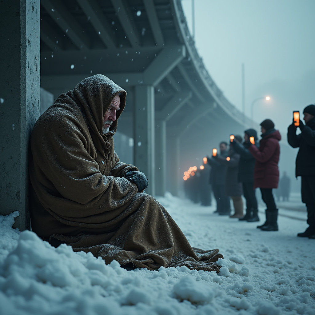 Homeless Man Ignored: Bleak Winter Scene