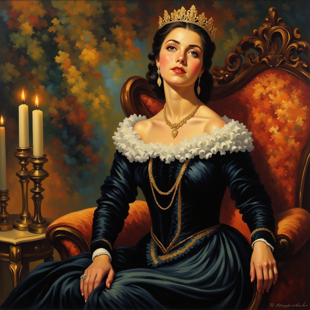 Woman in Black Velvet Dress with Gold Crown, 1800s Style