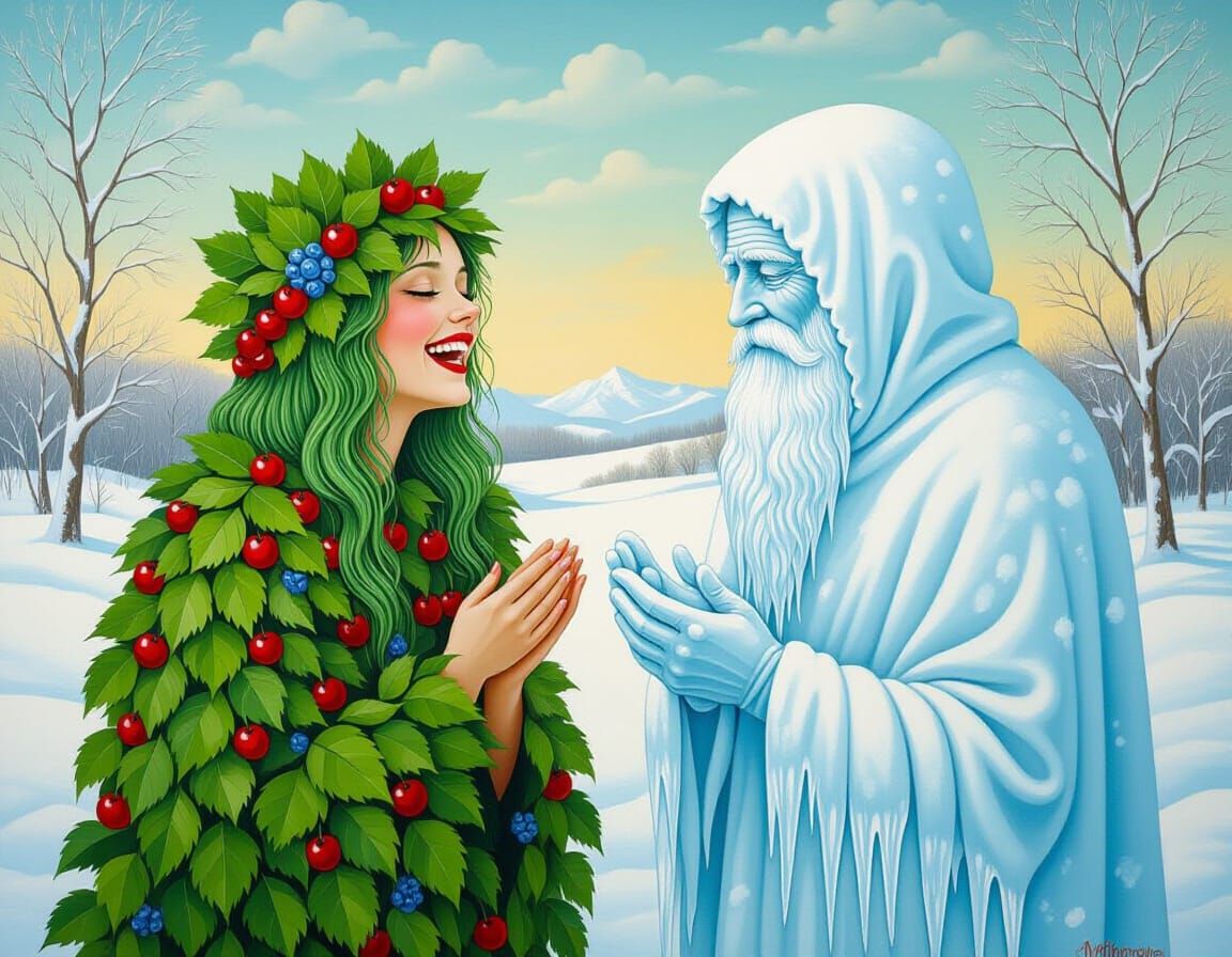 Summer Girl Meets Winter Elder in Surreal Landscape