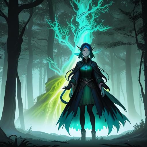 Ethereal Blue Tiefling Druid in Misty Forest