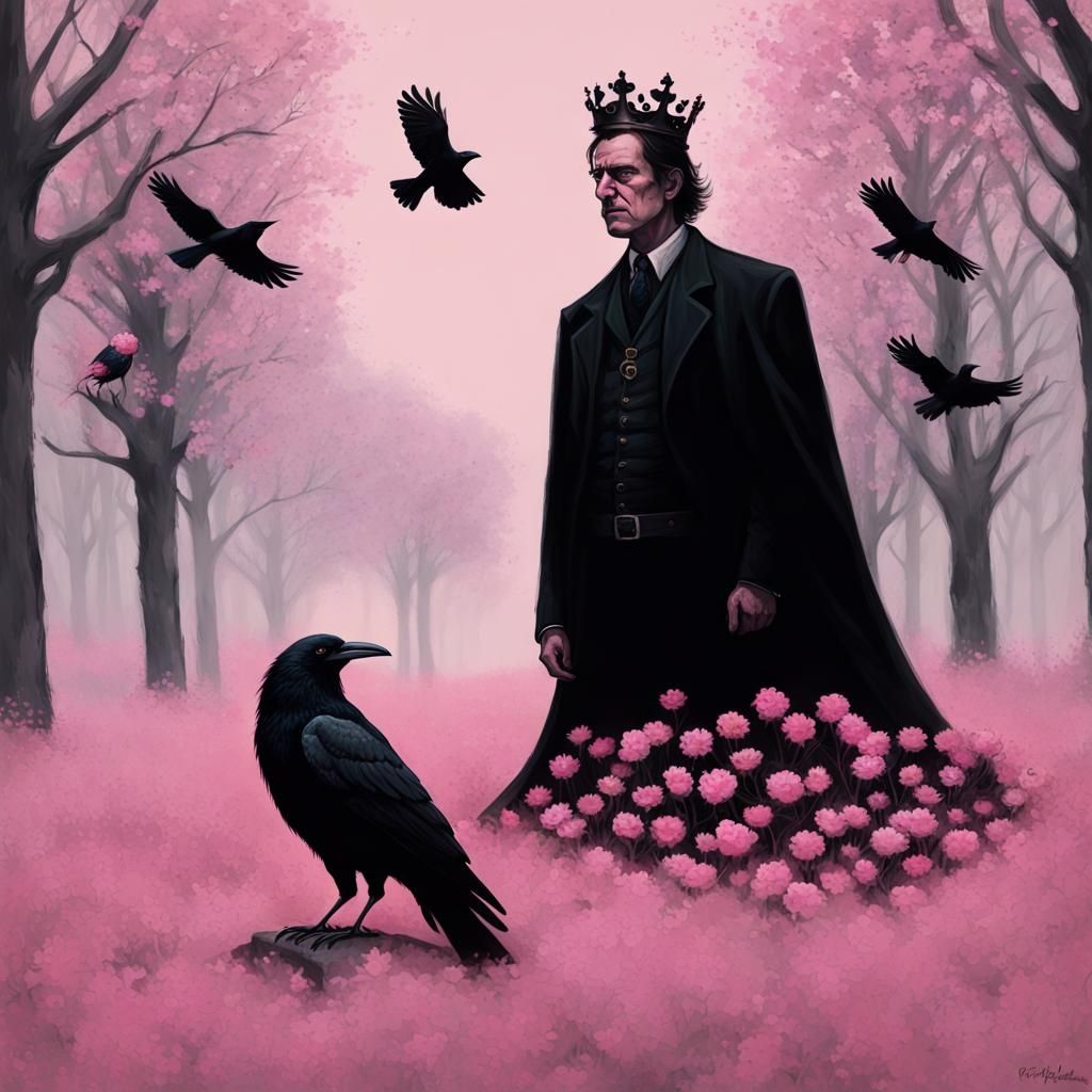 Sinister Spring: Man, Crown, Crows and Pink Flowers