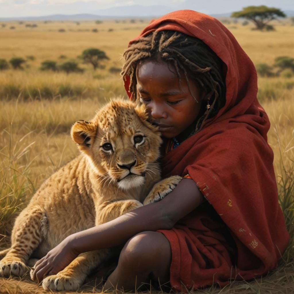 Child and lion cub