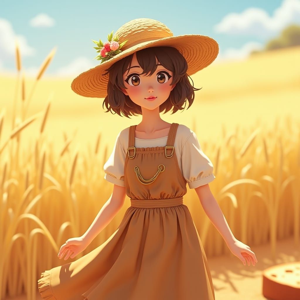 Bread-Themed Anime Girl in Wheat Field