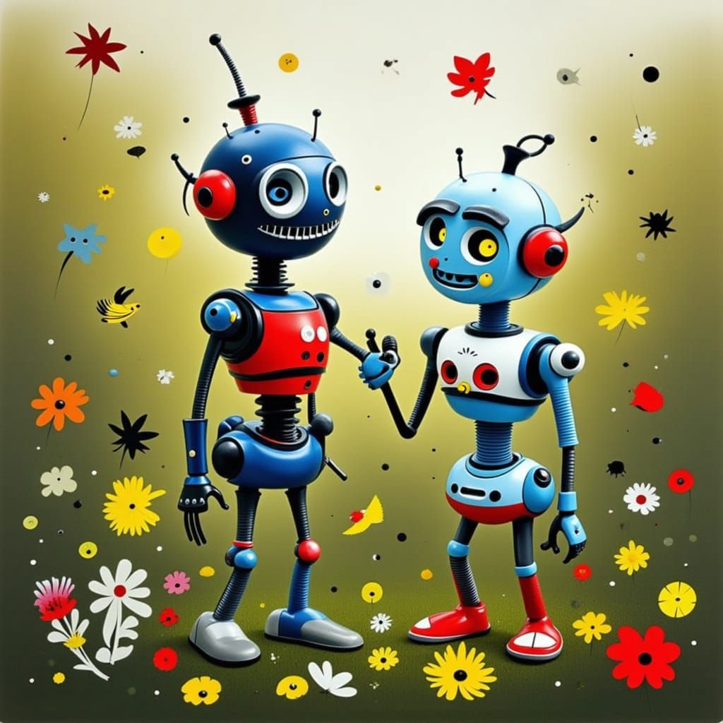 Cute Robots Playing in Flower Garden
