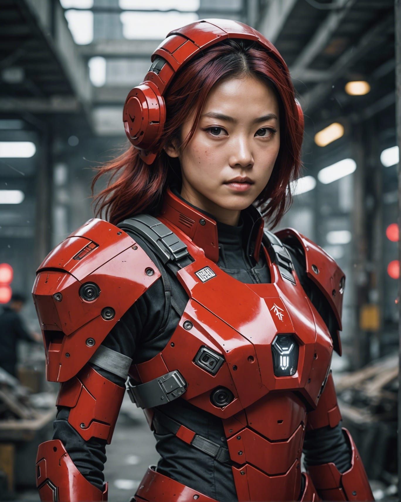 Dystopian Asian Warrior in Red Battle Suit