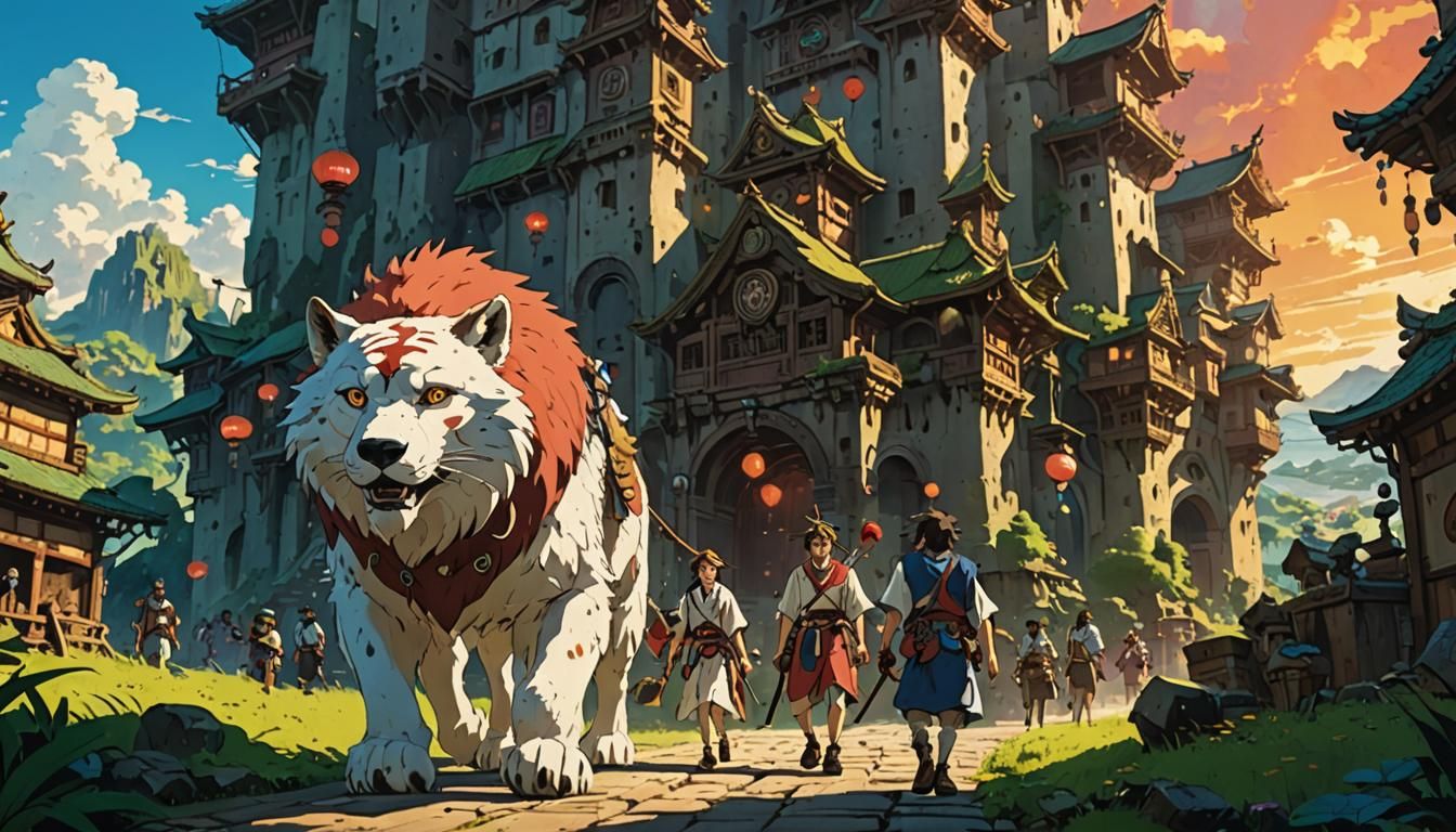 Giants Walk Through Ancient City: Fantasy Illustration