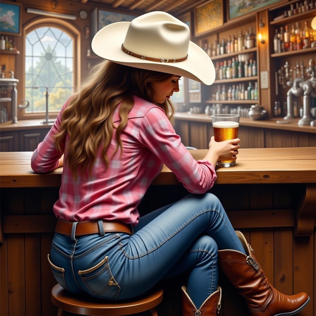 Cowgirl in Bar: Matte Painting in Hyperreal Style