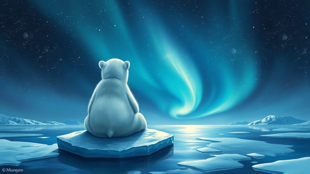 Polar Bear Gazing at Aurora in Storybook Style