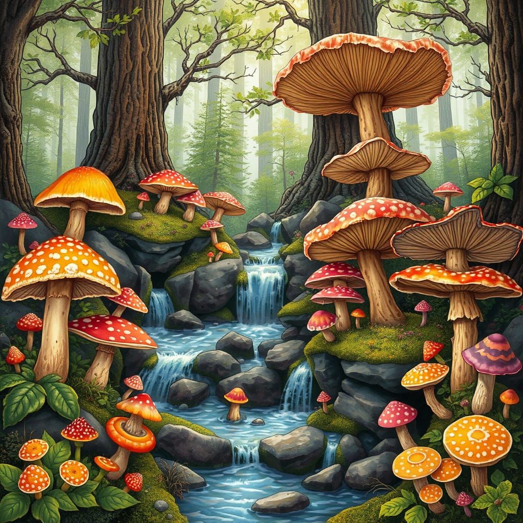 Whimsical Mushroom World with Waterfalls and Giant Trees