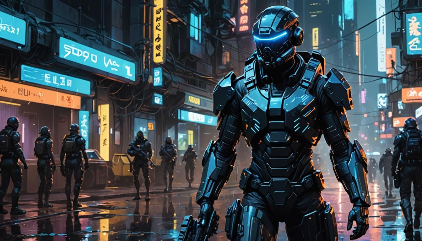 Cyberpunk Warrior in Exosuit with Energy Rifle
