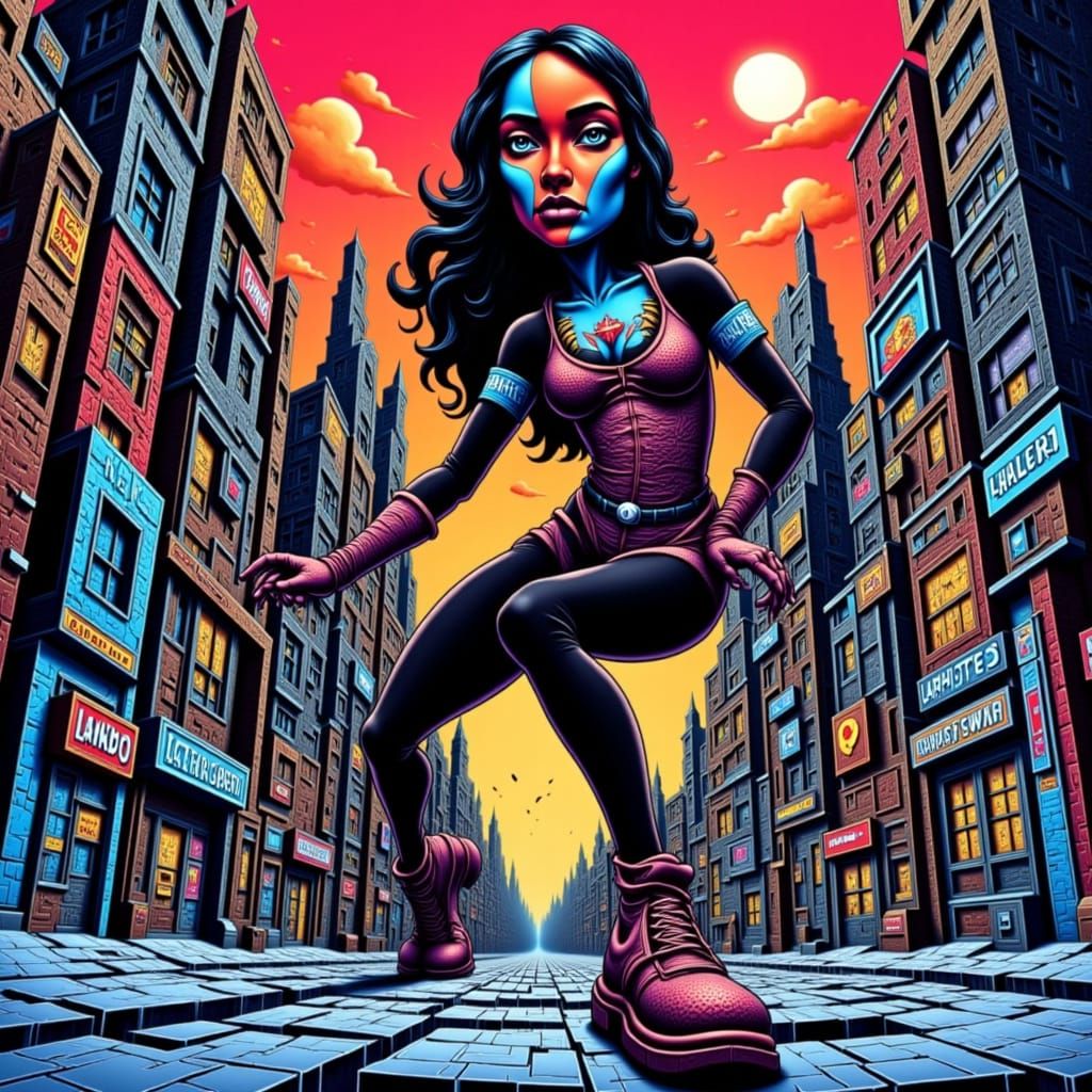 Dynamic Comic Book Character in Stylized Cityscape
