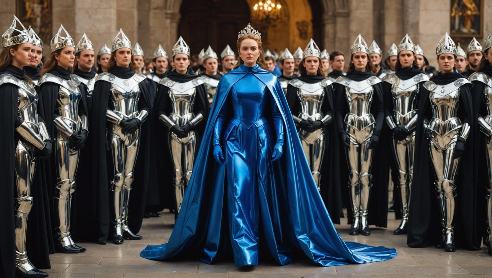 Goddess in Metallic Outfit Surrounded by Classmates