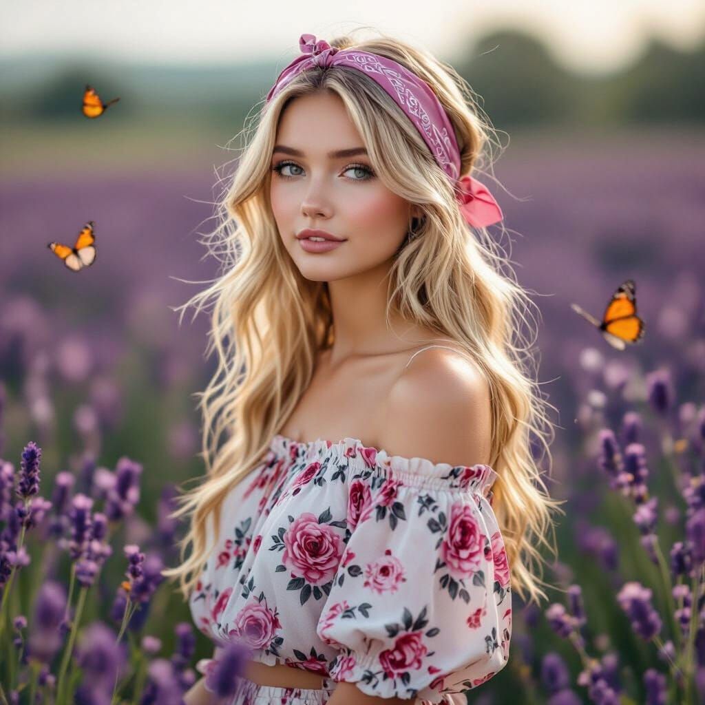 Blonde Woman in Lavender Field, Dreamy Whimsical Style