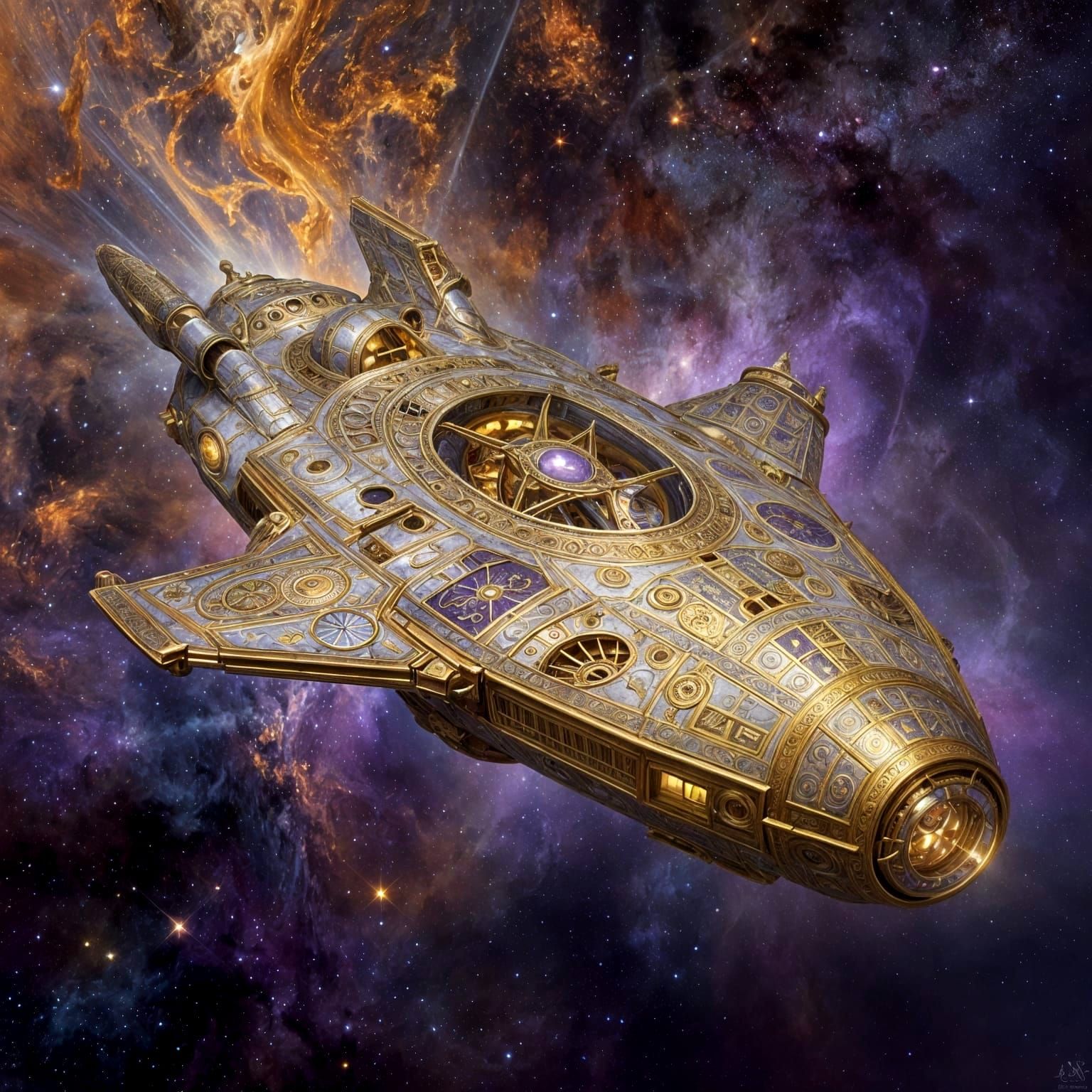 Ornate Spaceship Drifting Through Amethyst and Gold Nebula