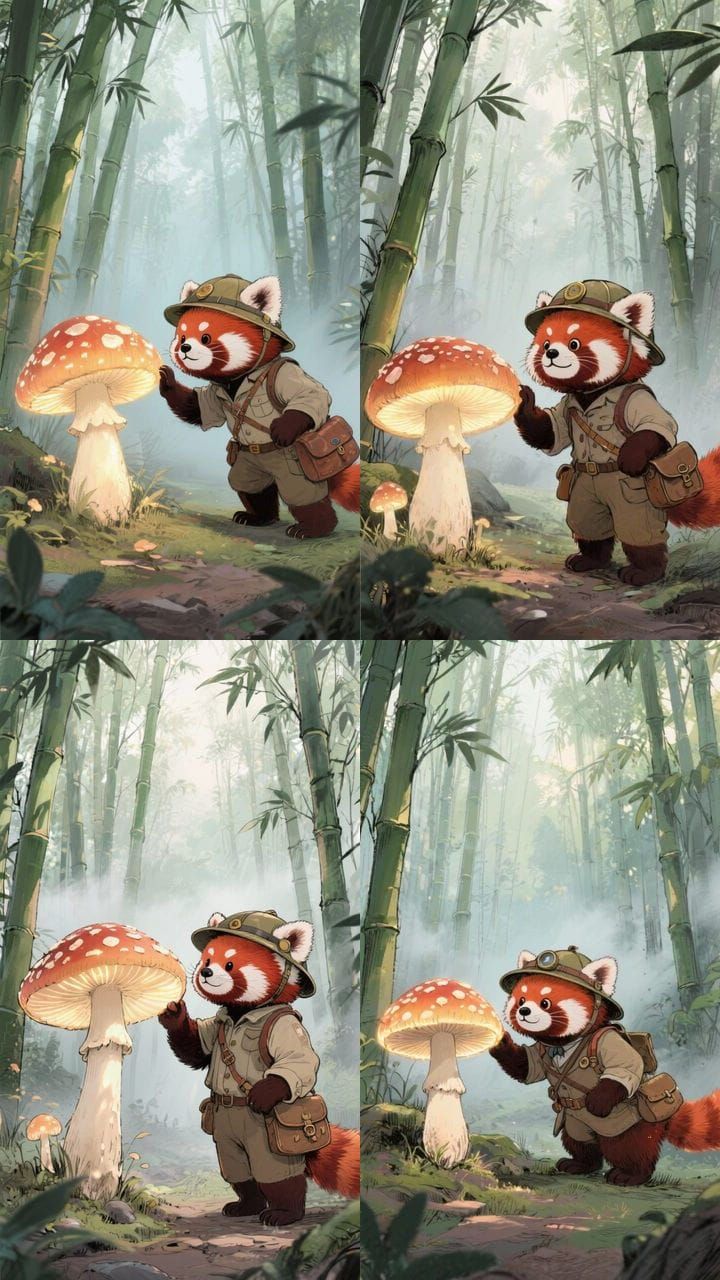 Victorian Red Panda Explores Luminous Mushroom Forest