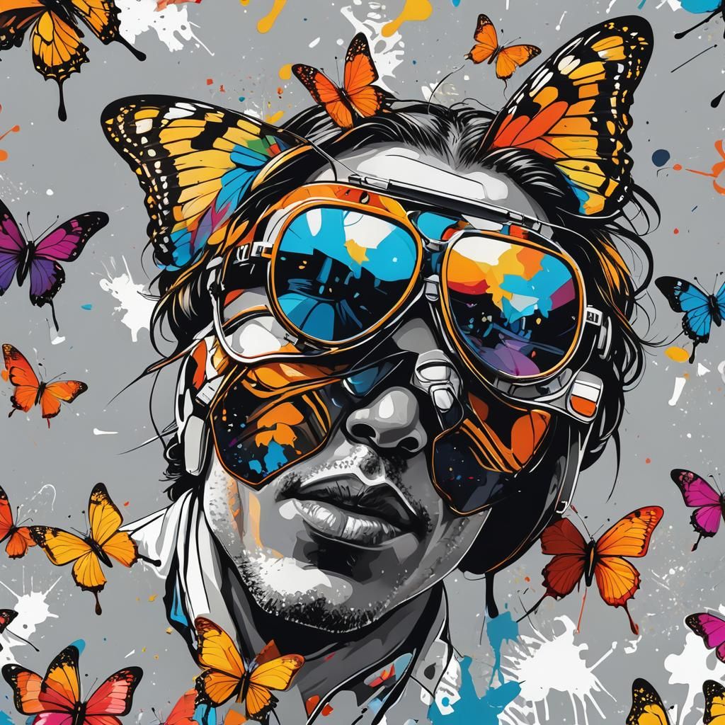 Butterfly with Sunglasses in Street Art Style