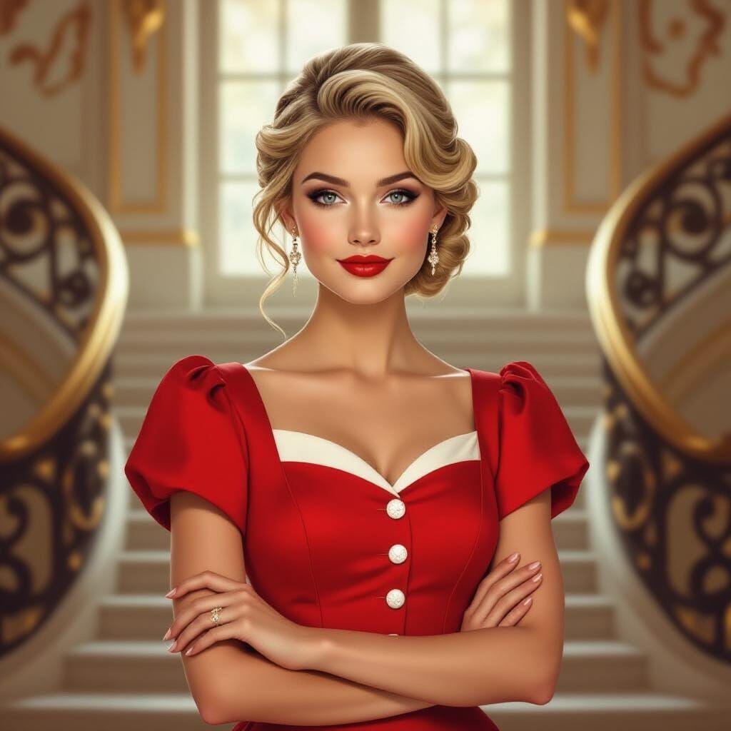 Cute Woman in Red Dress on Majestic Staircase