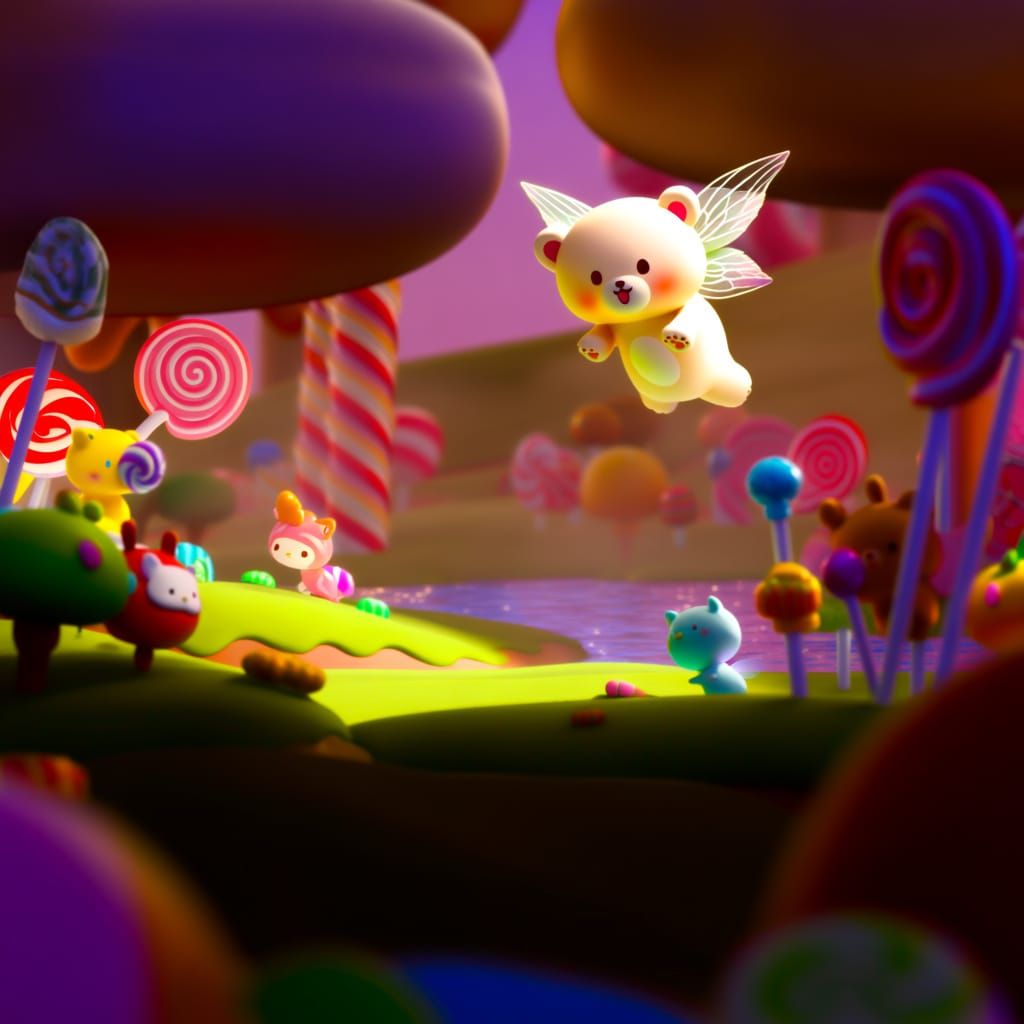 Kawaii Candy Land with Playful Bear Cub and Fairies